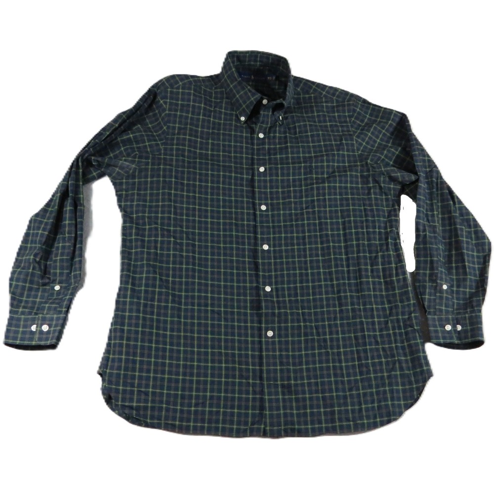 Ralph Lauren Plaid Button Shirt Men 16.5 34/35 Green Blue‎ Cotton Pony Preppy